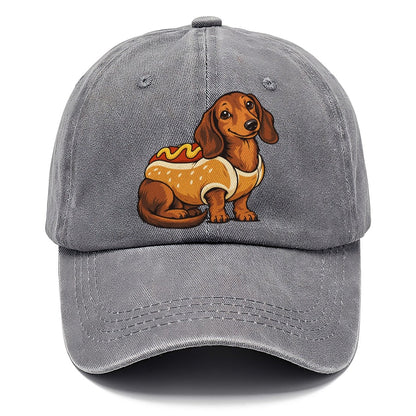 One Dachshund In Halloween Costume Hot Dog Bun Costume With Mustard Squiggle Halloween Dog Parade Classic Cap – Urban Haze