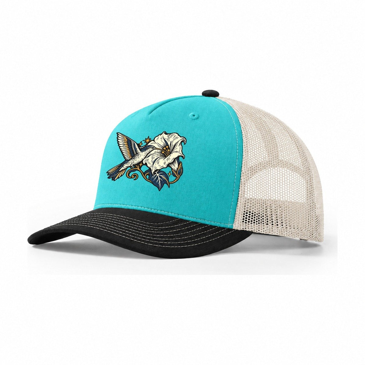 Hummingbird Night Flower Sundown Familiars Trucker Hat – Aqua Black White