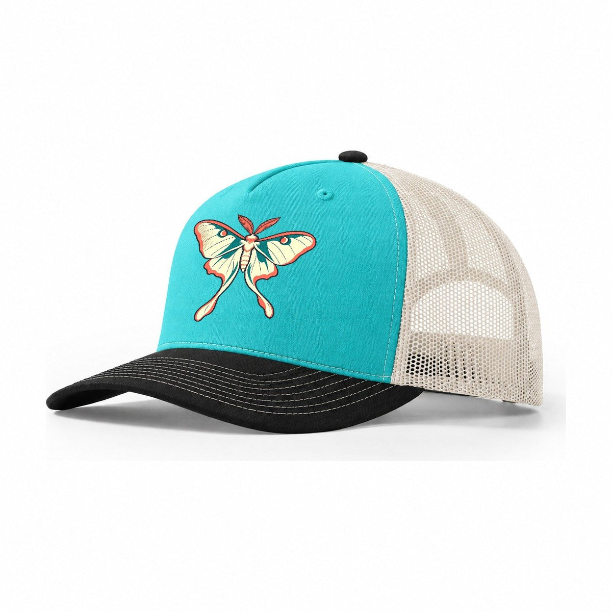 Luna Moth Turn Trucker Hat – Aqua Black White