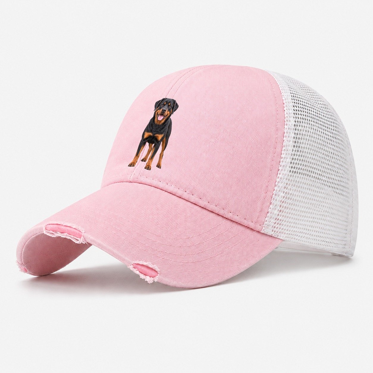 Rottweiler Standing Top Breeds Washed Trucker Hat – Light Pink