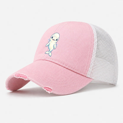 Beluga Whale Front Smile Sea Sprite Washed Trucker Hat – Light Pink