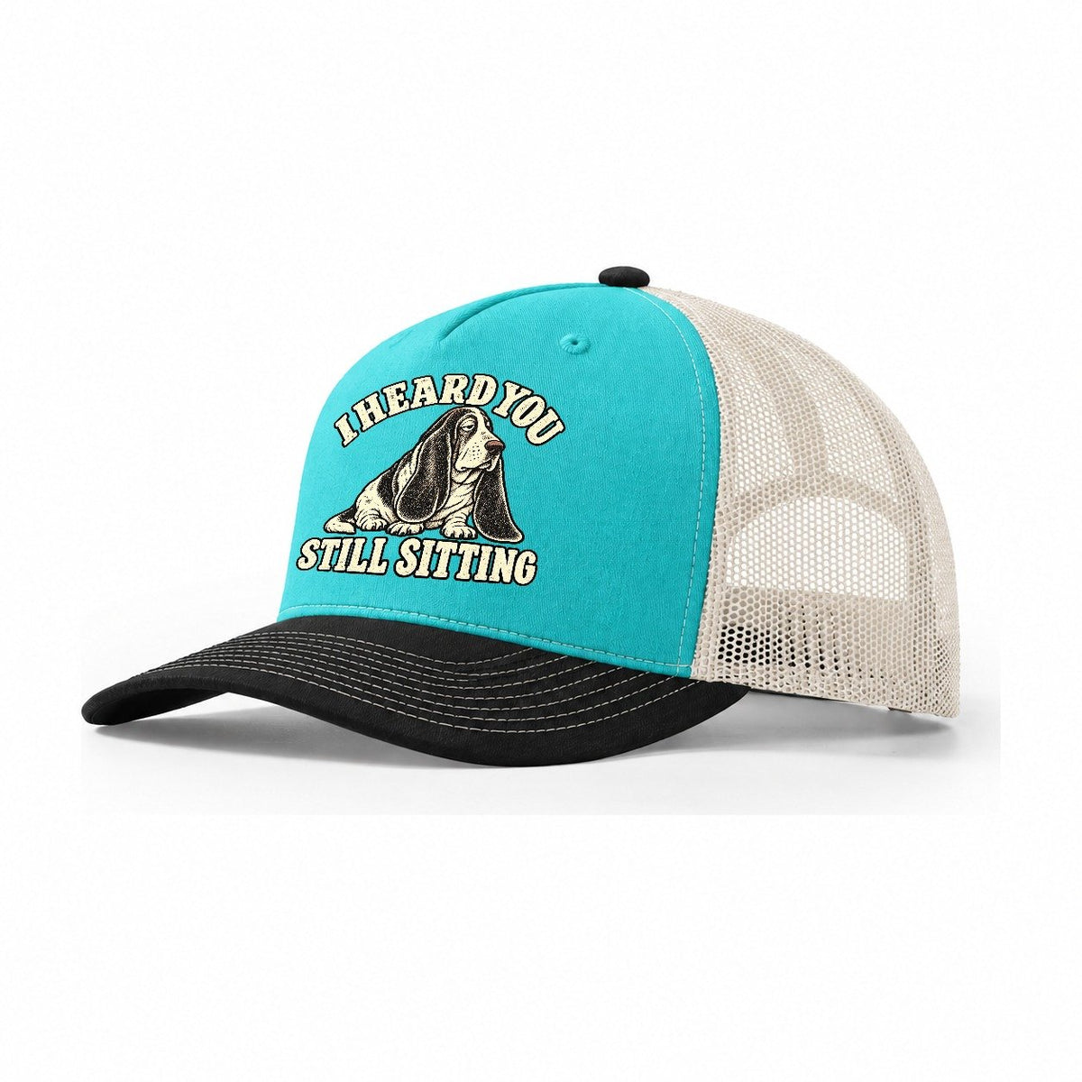 Basset Still Sitting Everyday Originals Trucker Hat – Aqua Black White