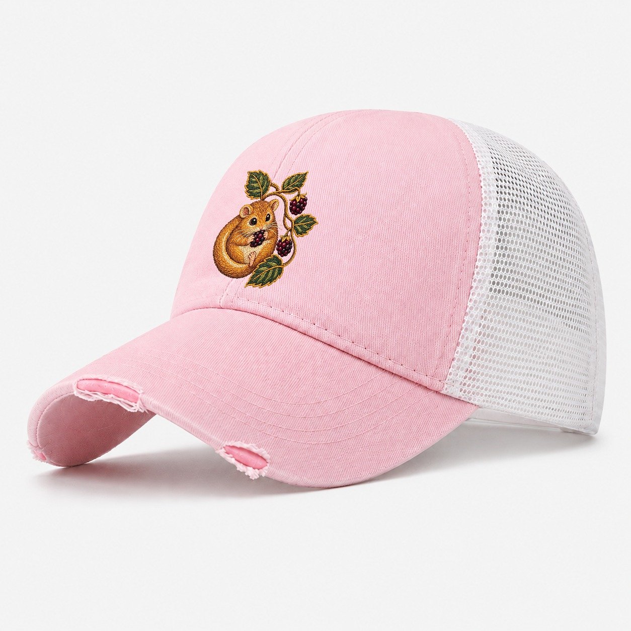 British Hedgerow Dormouse And Blackberries Uk Culture Heritage Washed Trucker Hat – Light Pink