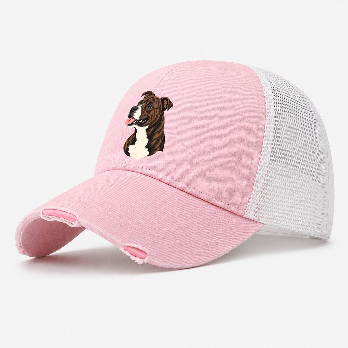 Brindle Pitbull Portrait Washed Trucker Hat – Light Pink