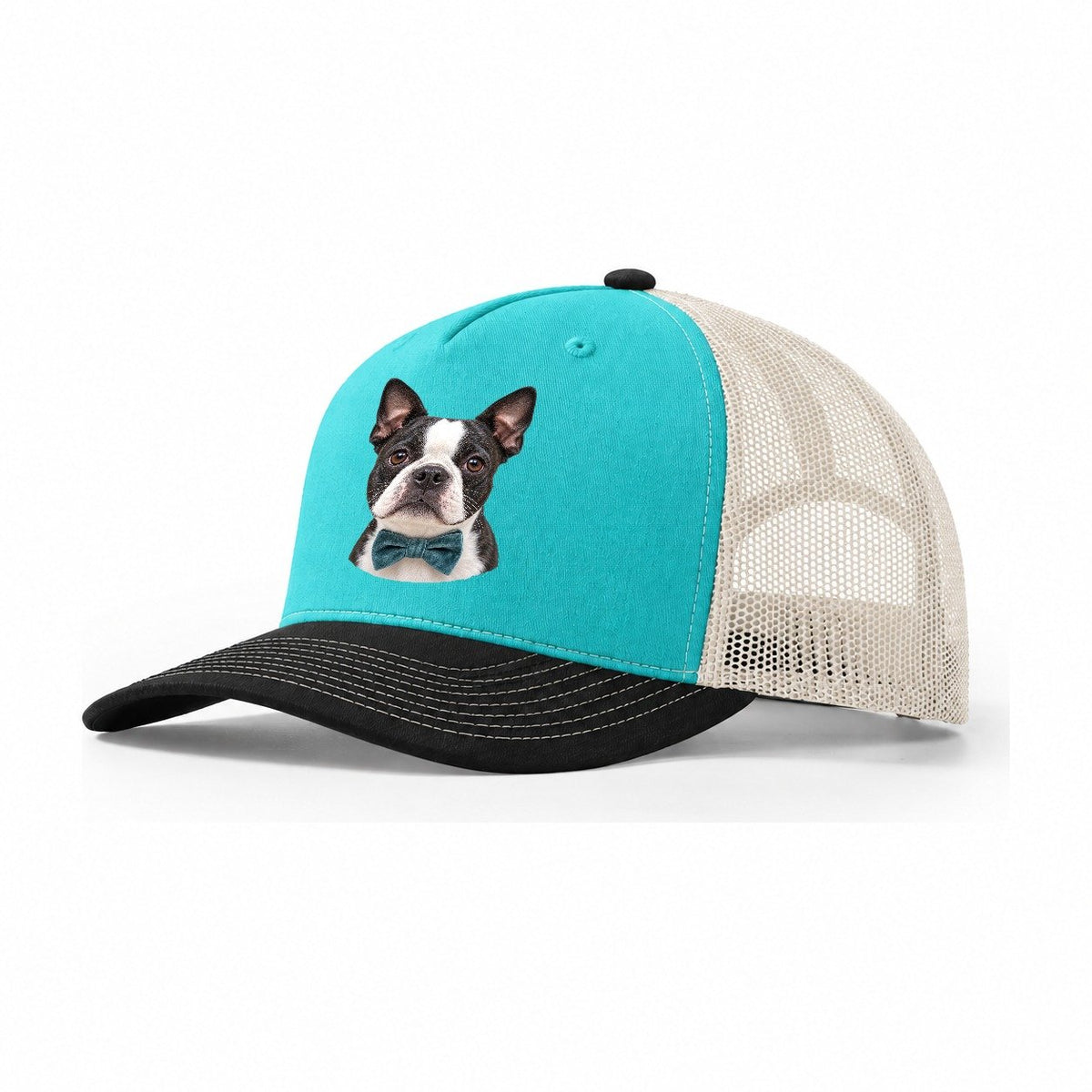 Boston Terrier Velvet Bow Character Club Trucker Hat – Aqua Black White