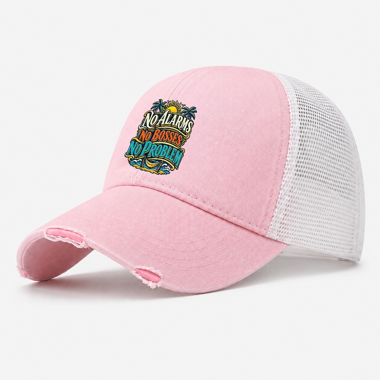 No Alarms No Bosses No Problem Retired Living Washed Trucker Hat – Light Pink