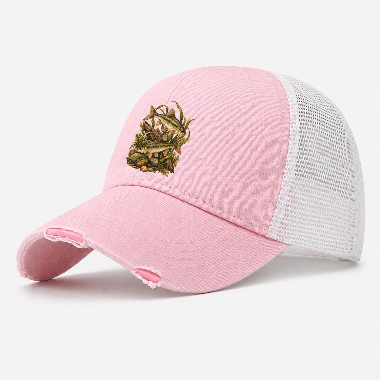 Chub Minnow Plate Fishing Club Washed Trucker Hat – Light Pink
