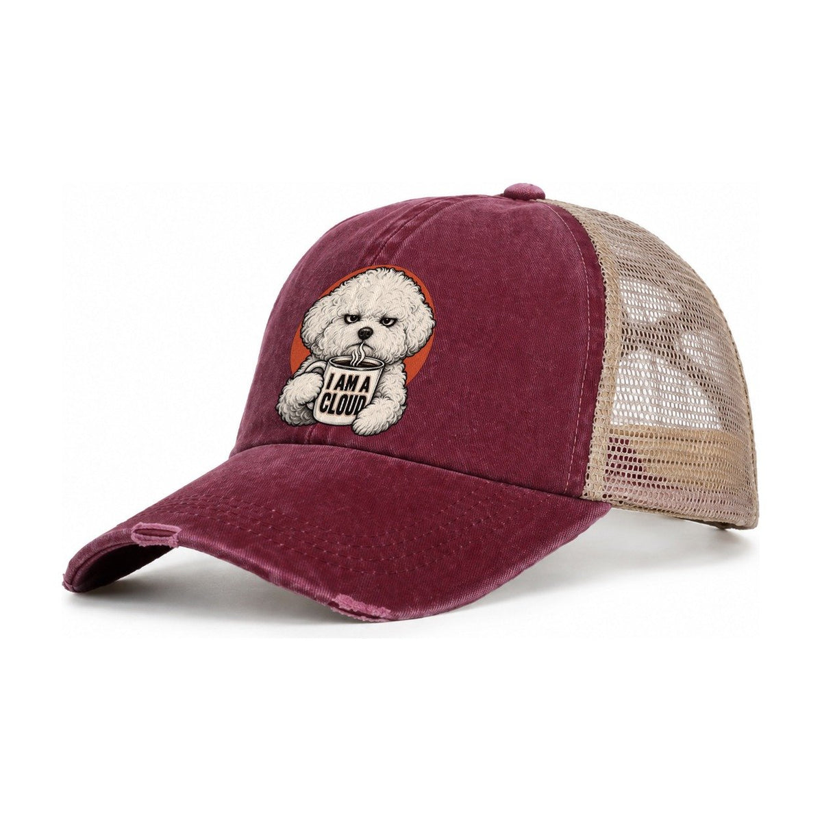 Bichon Frise Mug Truths Dog Mug Truths Women's Ponytail Trucker Hat – Burgundy Khaki