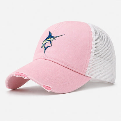 Swordfish Blade Fishing Elegant Washed Trucker Hat – Light Pink
