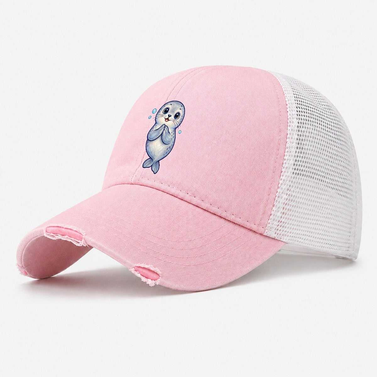 Seal Front Clap Sea Sprite Washed Trucker Hat – Light Pink