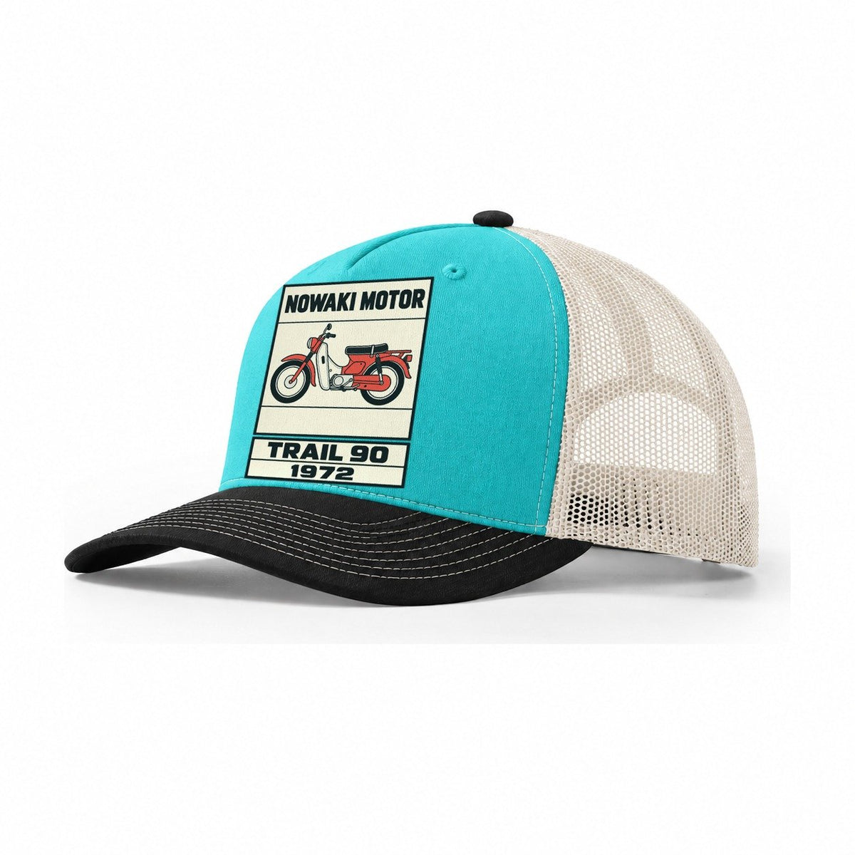 Nozomi Trail 90 Showa Speed Plates Trucker Hat – Aqua Black White