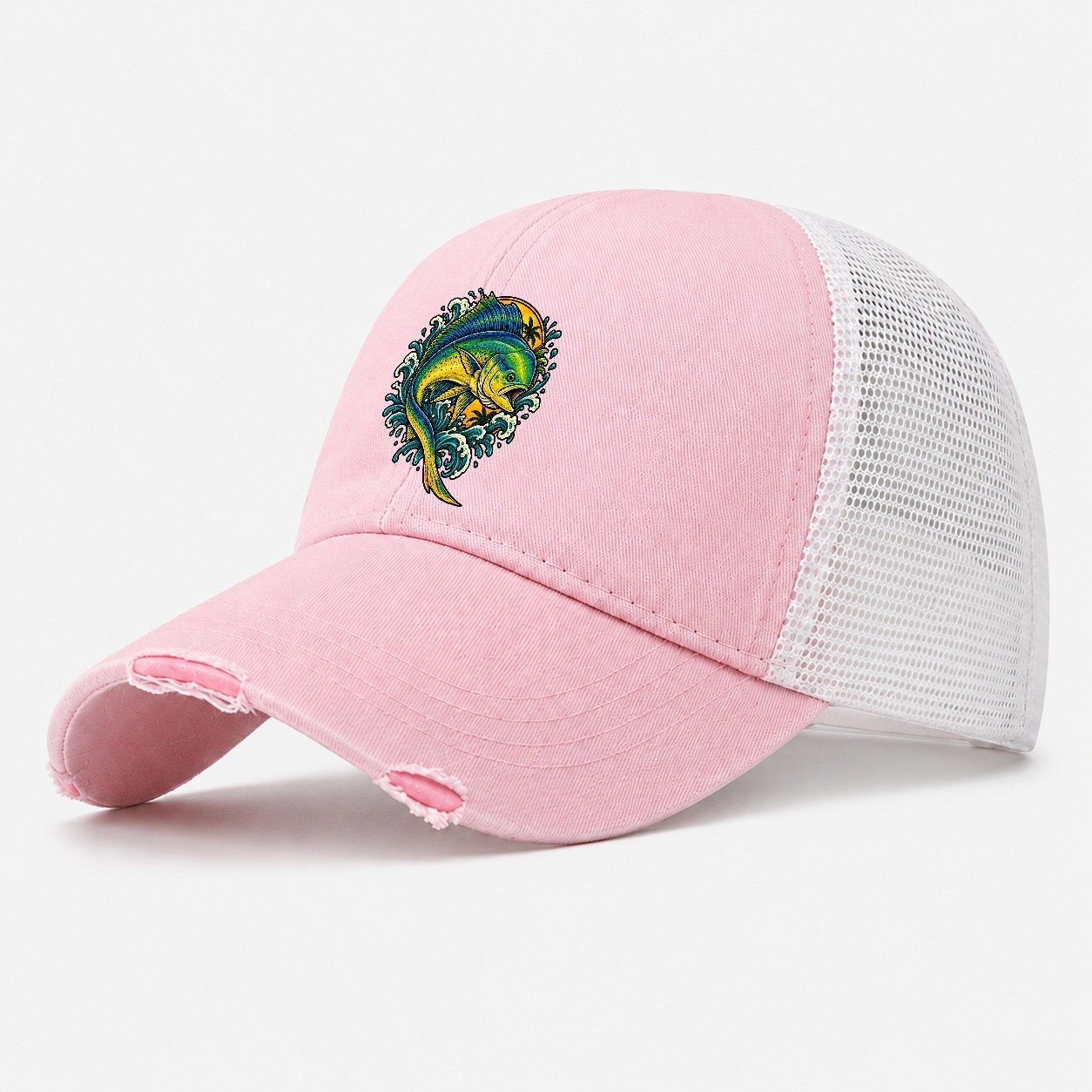 Mahi Mahi Blaze Fishing Club Washed Trucker Hat – Light Pink