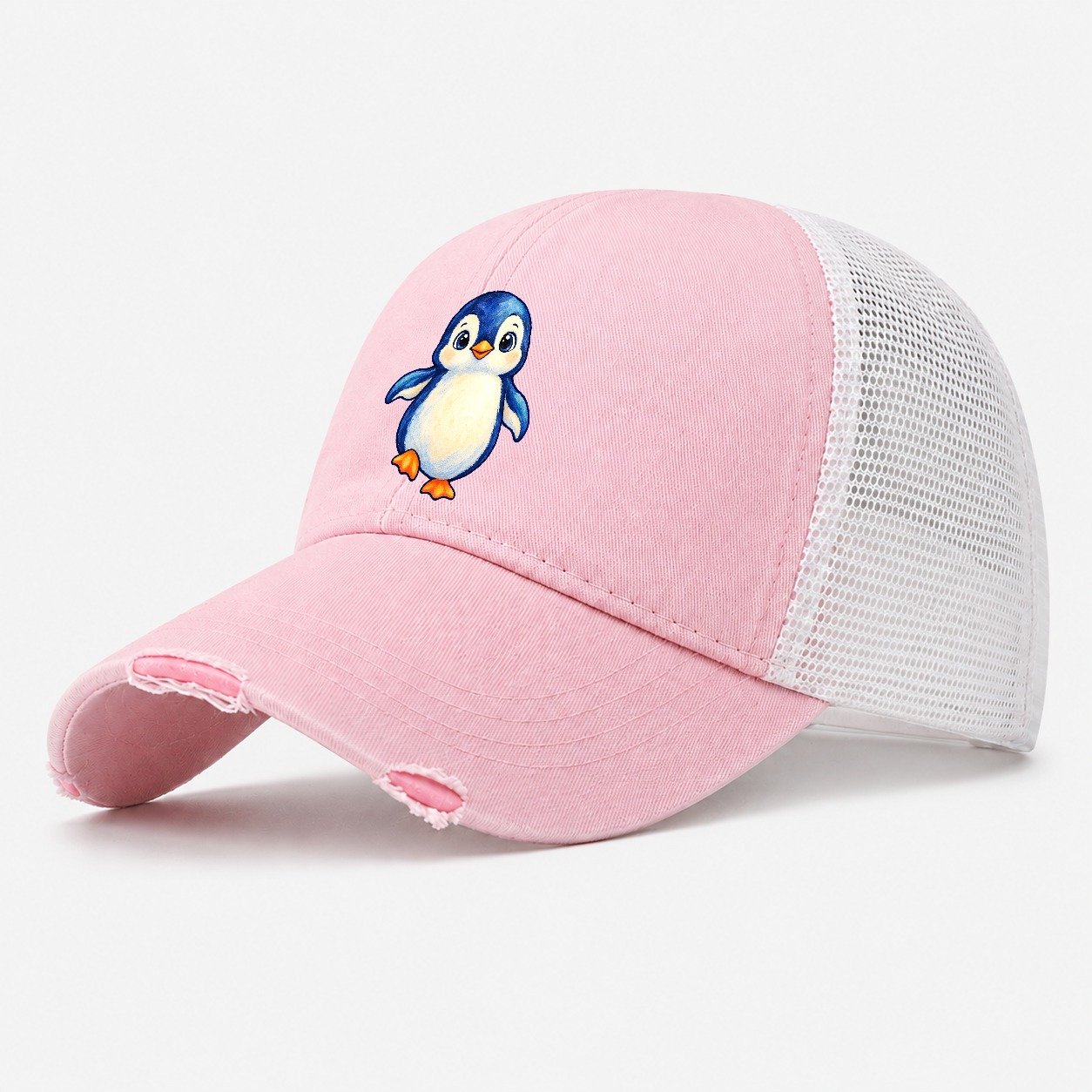 Penguin Front Waddle Sea Sprite Washed Trucker Hat – Light Pink