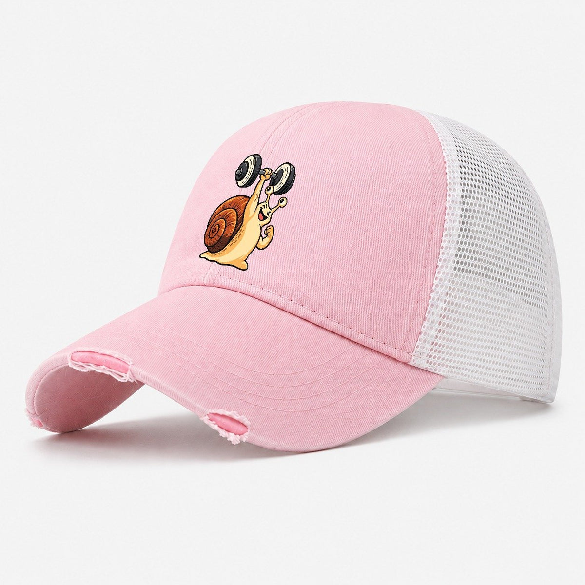 Snail Slow Gains Animal Lifters Washed Trucker Hat – Light Pink