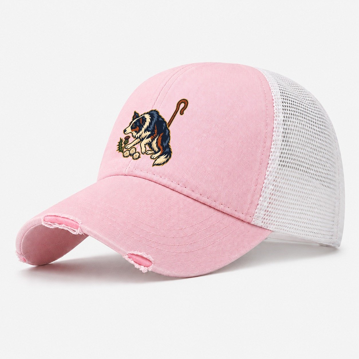 Shepherd Crook Sheepdog And Wool Sprig Uk Culture Heritage Washed Trucker Hat – Light Pink