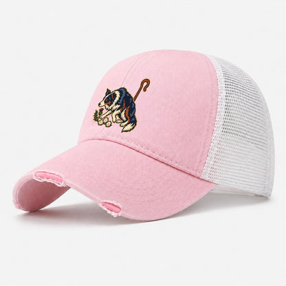 Shepherd Crook Sheepdog And Wool Sprig Uk Culture Heritage Washed Trucker Hat – Light Pink