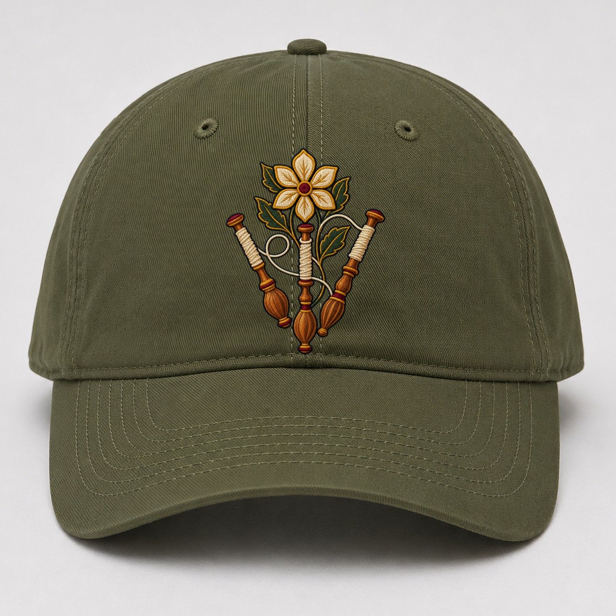 Three Lace Bobbins And Six Petal Linen Bloom Uk Culture Heritage Baseball Cap – Army Green