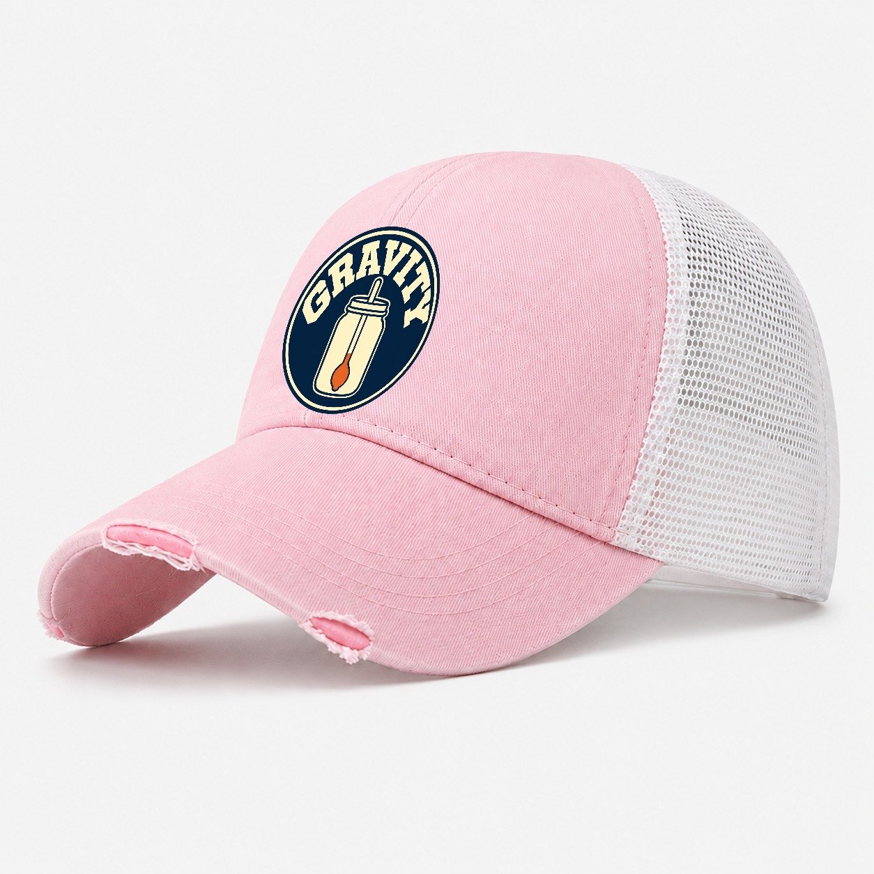 Gravity Reading Washed Trucker Hat – Light Pink