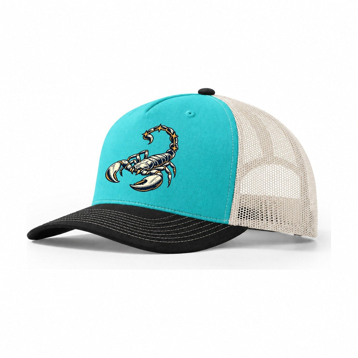 Scorpion Constellation Tail Sundown Familiars Trucker Hat – Aqua Black White