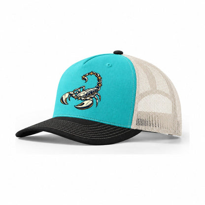 Scorpion Constellation Tail Sundown Familiars Trucker Hat – Aqua Black White