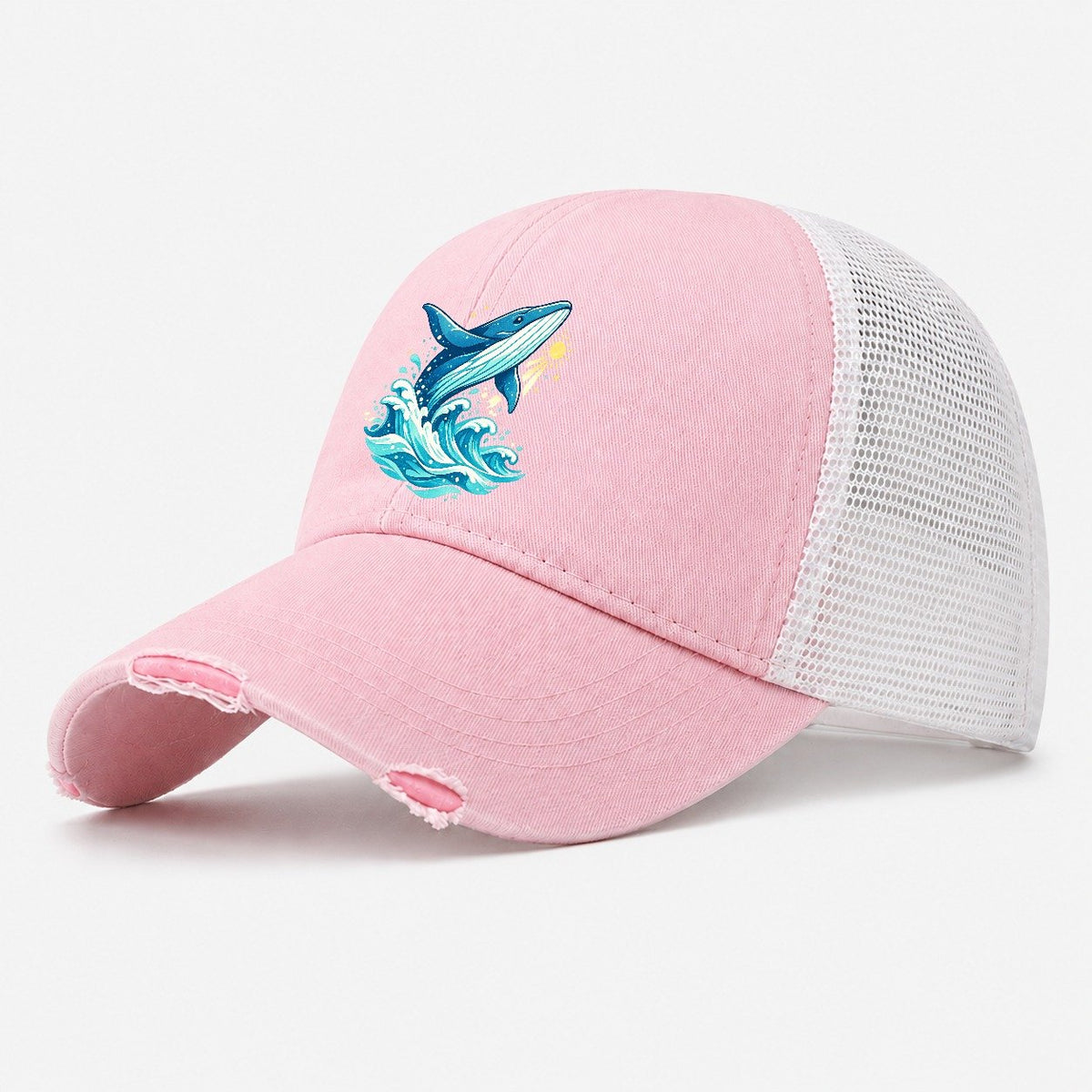 Vintage Whale Ocean Waves Washed Trucker Hat – Light Pink