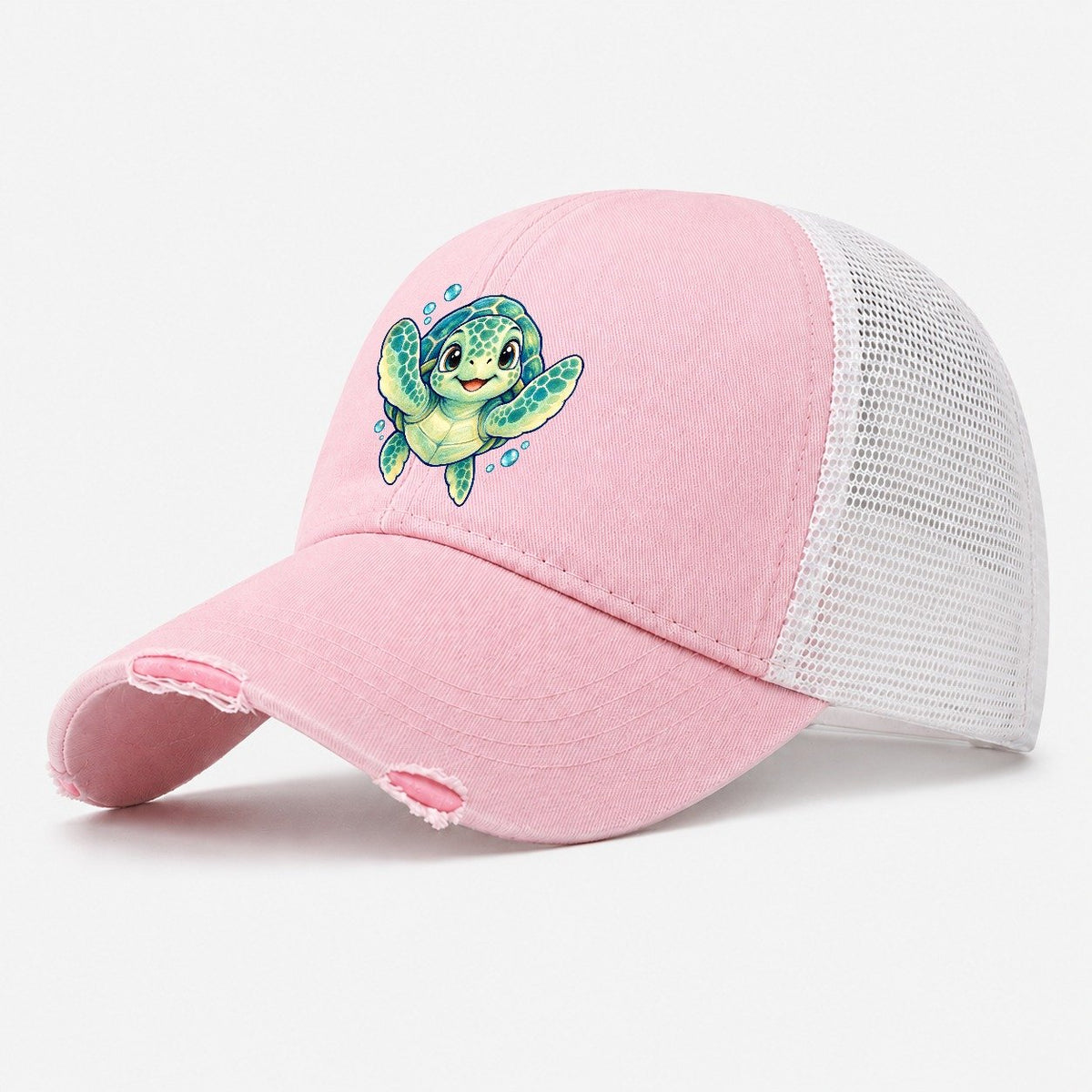 Sea Turtle Front Paddle Sea Sprite Washed Trucker Hat – Light Pink