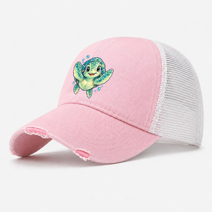 Sea Turtle Front Paddle Sea Sprite Washed Trucker Hat – Light Pink