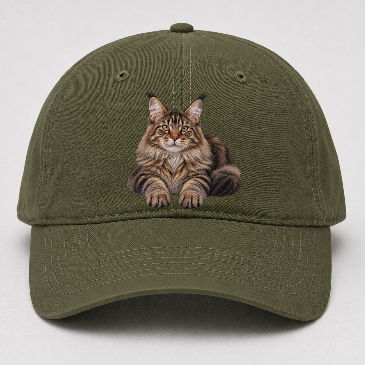Maine Coon Reclining Paws Forward Realistic Cat Portrait Baseball Cap – Army Green