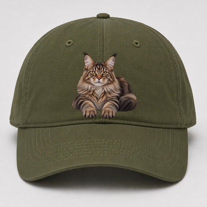 Maine Coon Reclining Paws Forward Realistic Cat Portrait Baseball Cap – Army Green