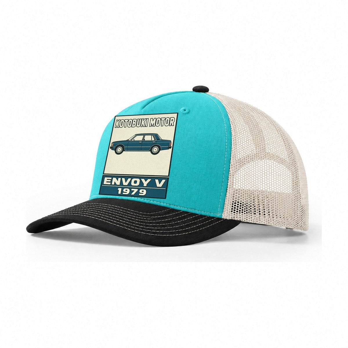 Kotobuki Envoy Showa Speed Plates Trucker Hat – Aqua Black White