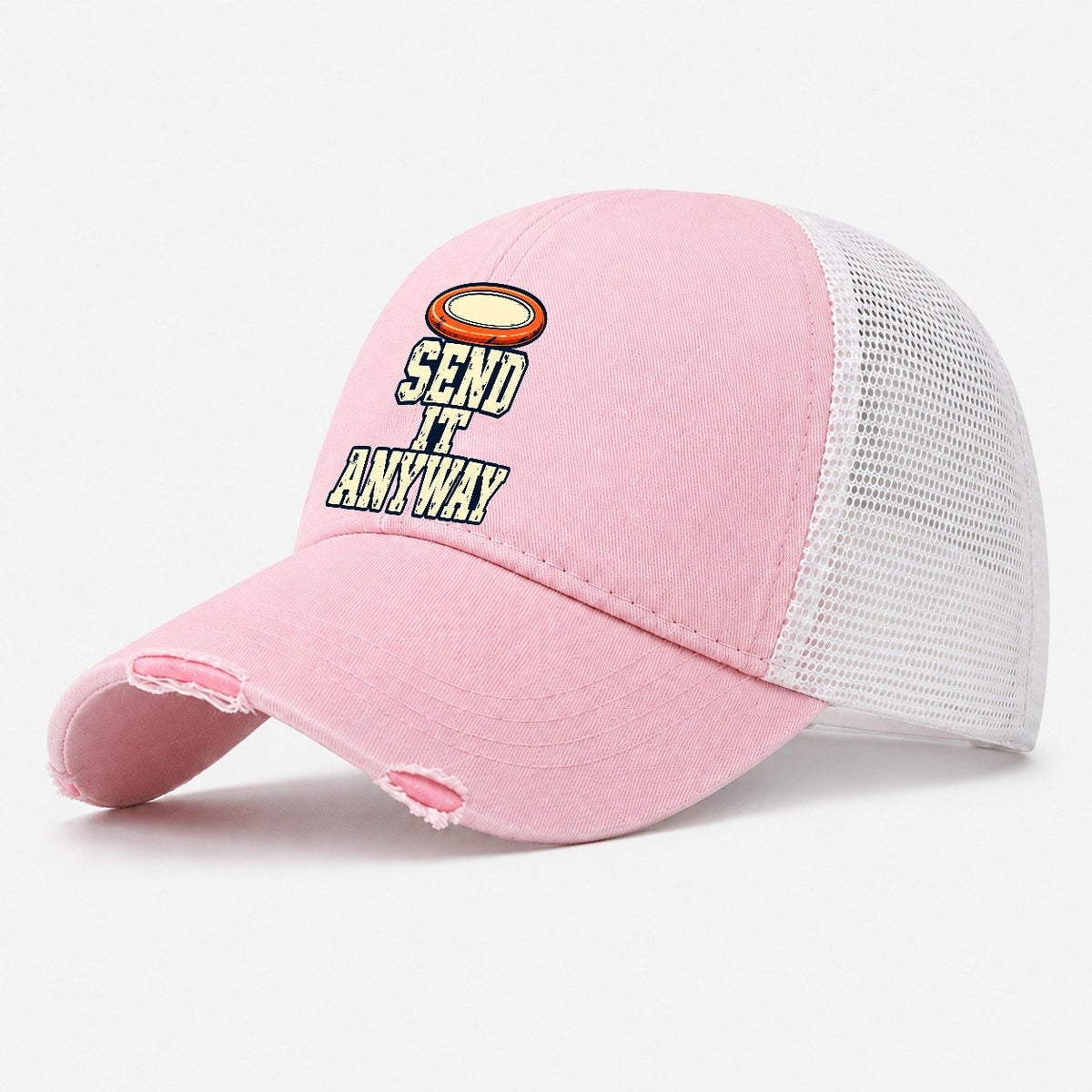 Send It Anyway Disc Golf Washed Trucker Hat – Light Pink
