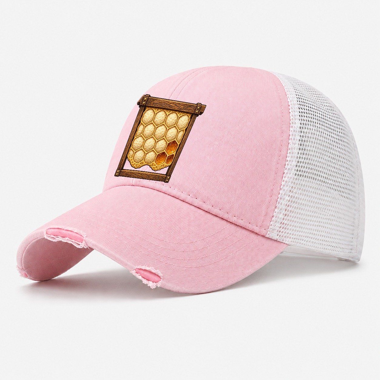 Capped Honey Frame Beekeeping Washed Trucker Hat – Light Pink