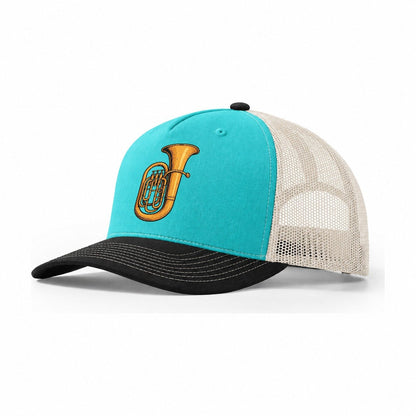 Right Handed Tuba Trucker Hat – Aqua Black White
