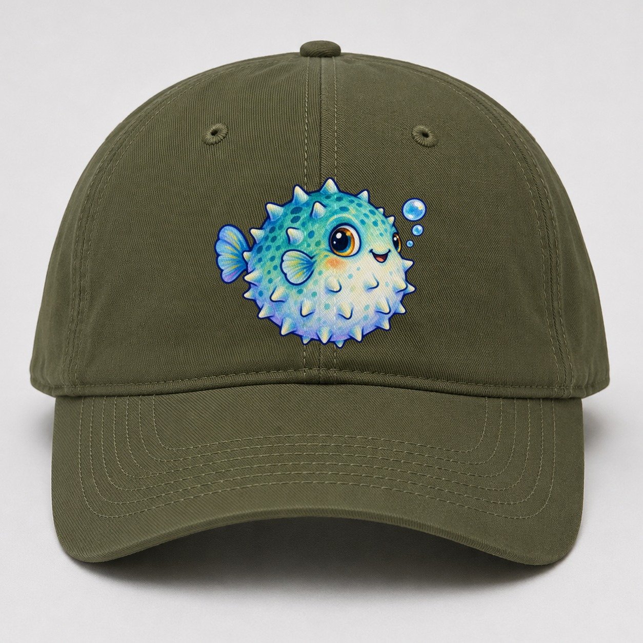 Pufferfish Side Puff Sea Sprite Baseball Cap – Army Green
