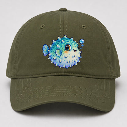 Pufferfish Side Puff Sea Sprite Baseball Cap – Army Green