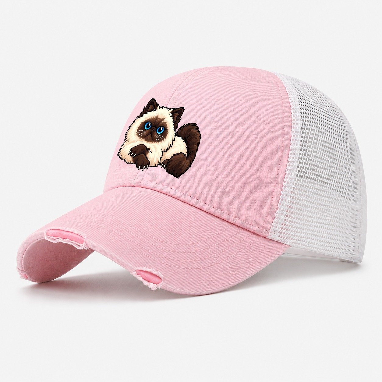 Himalayan Lounging Peeking Cats Washed Trucker Hat – Light Pink