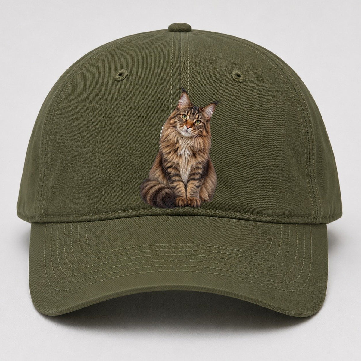 Maine Coon Seated Portrait Realistic Cat Portrait Baseball Cap – Army Green