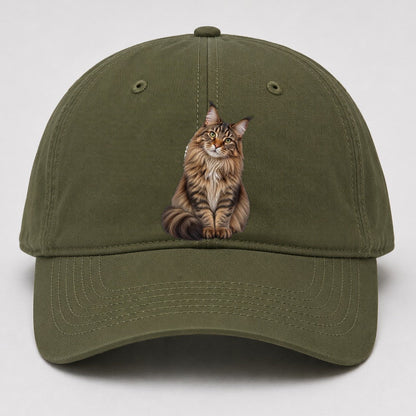 Maine Coon Seated Portrait Realistic Cat Portrait Baseball Cap – Army Green