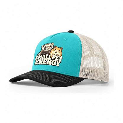 Small Pet Energy Small Pet Logos Trucker Hat – Aqua Black White