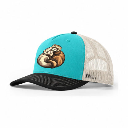 Ferret Pair Curl Small Pet Logos Trucker Hat – Aqua Black White
