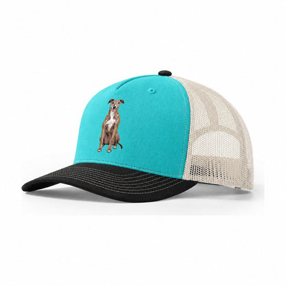Greyhound Sitting Top Breeds Trucker Hat – Aqua Black White