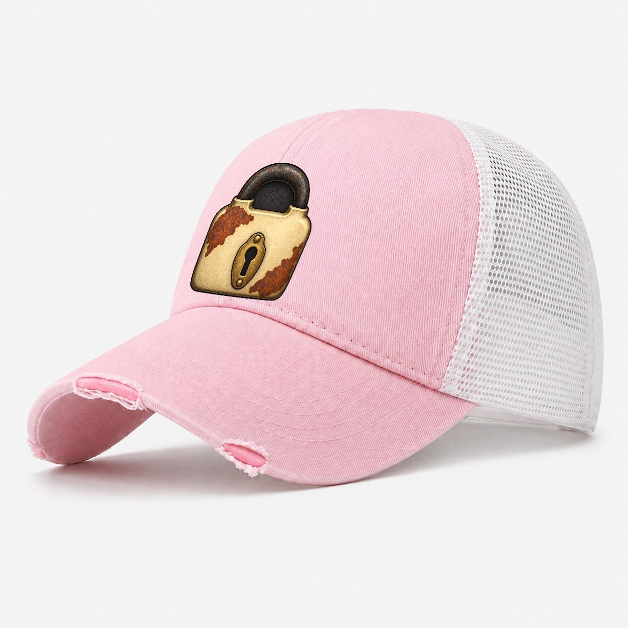 The Old Padlock Treasure Hunting Washed Trucker Hat – Light Pink