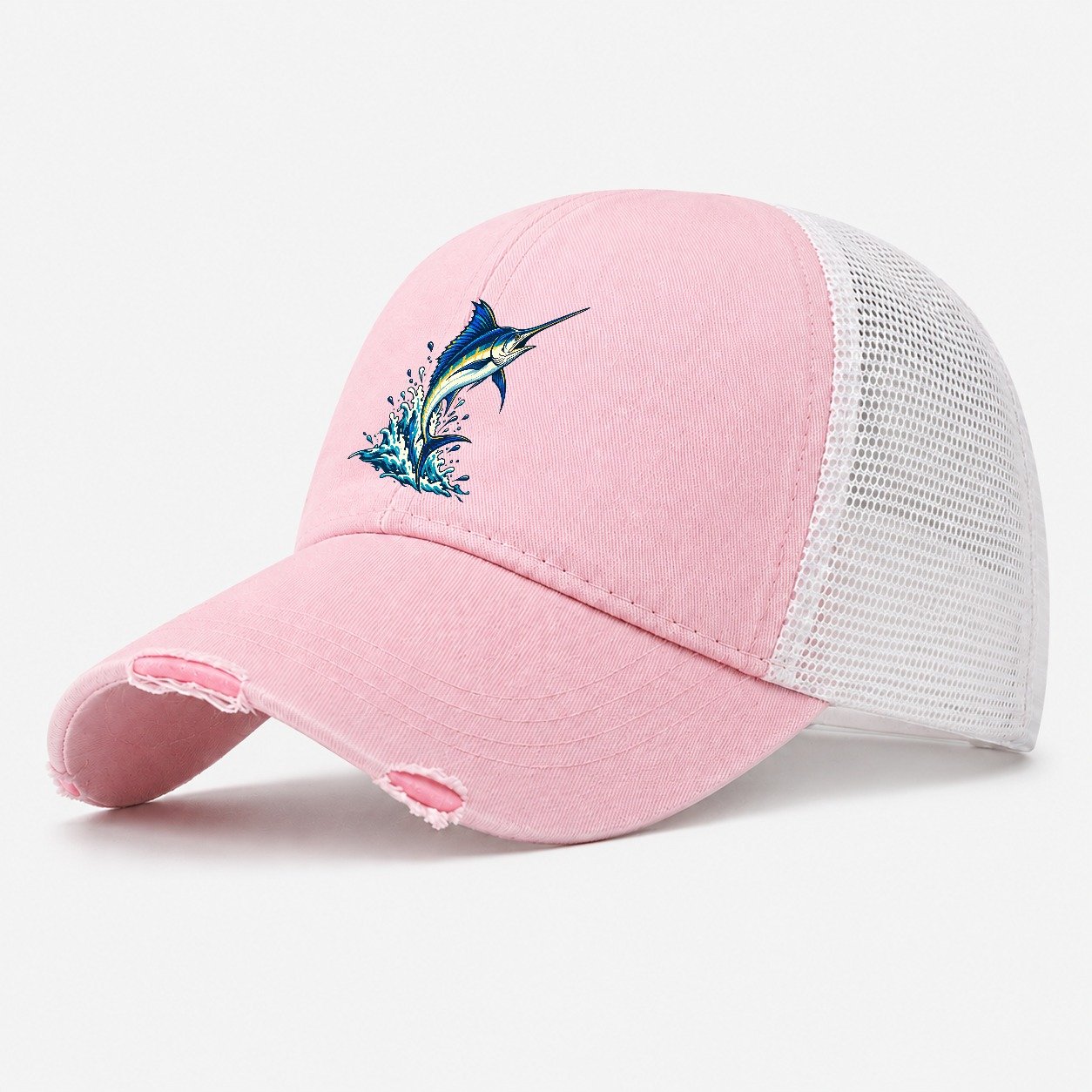 Marlin Leap Fishing Elegant Washed Trucker Hat – Light Pink