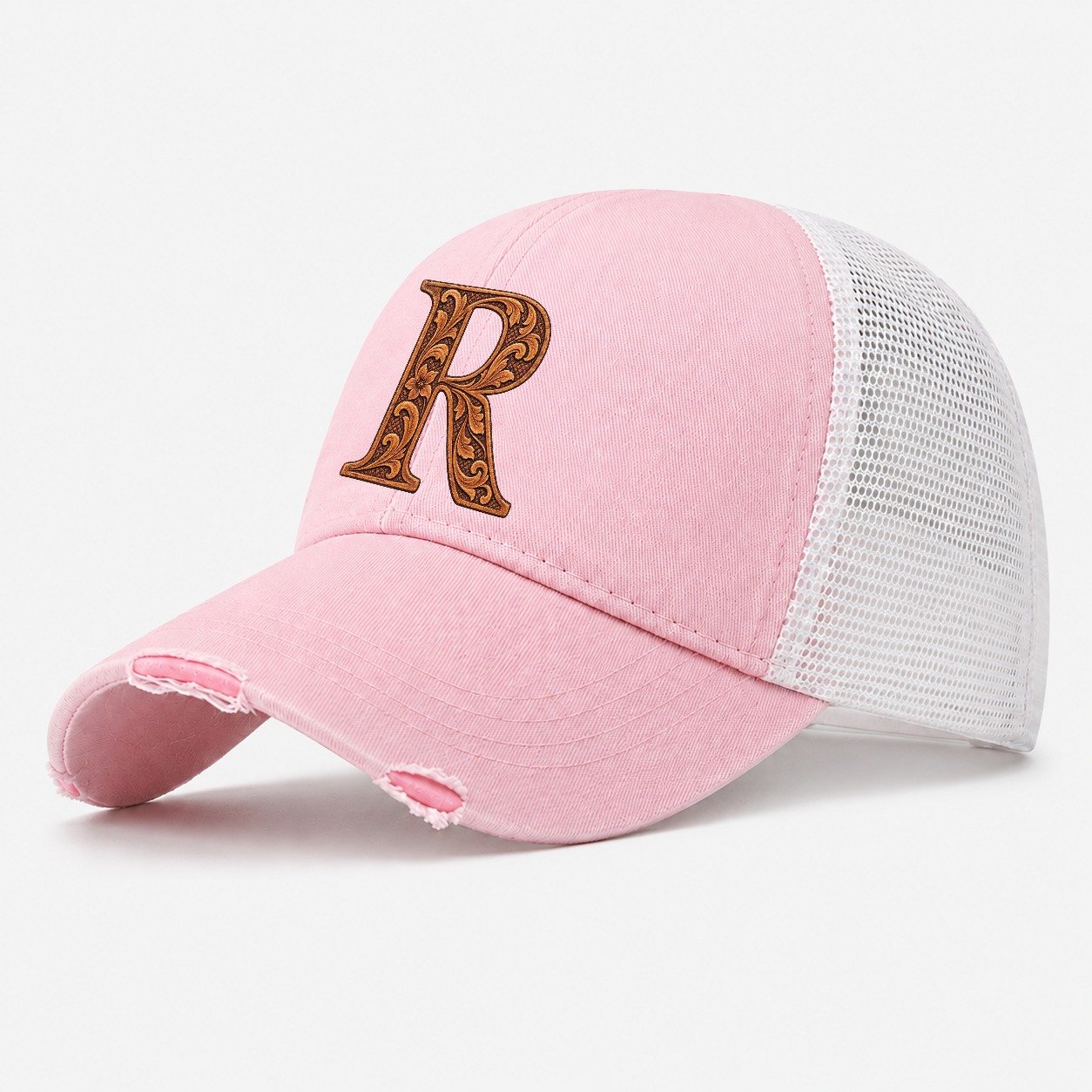 Tooled Leather R Monogram Washed Trucker Hat – Light Pink