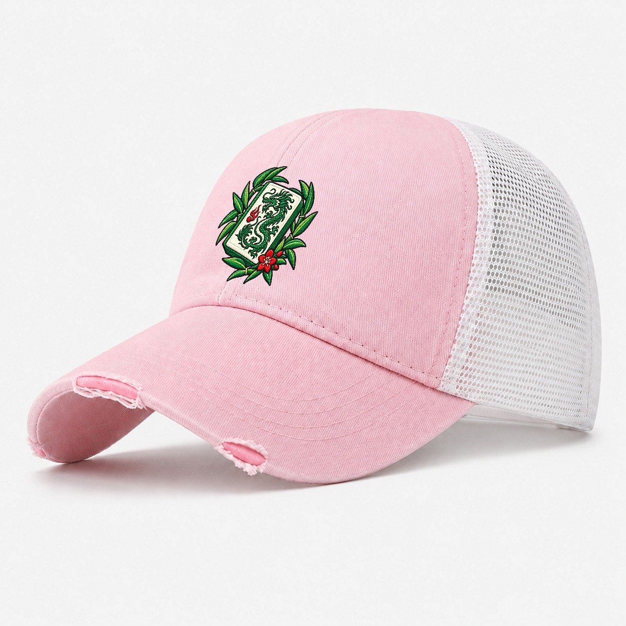 Green Dragon Mahjong Game Night Washed Trucker Hat – Light Pink