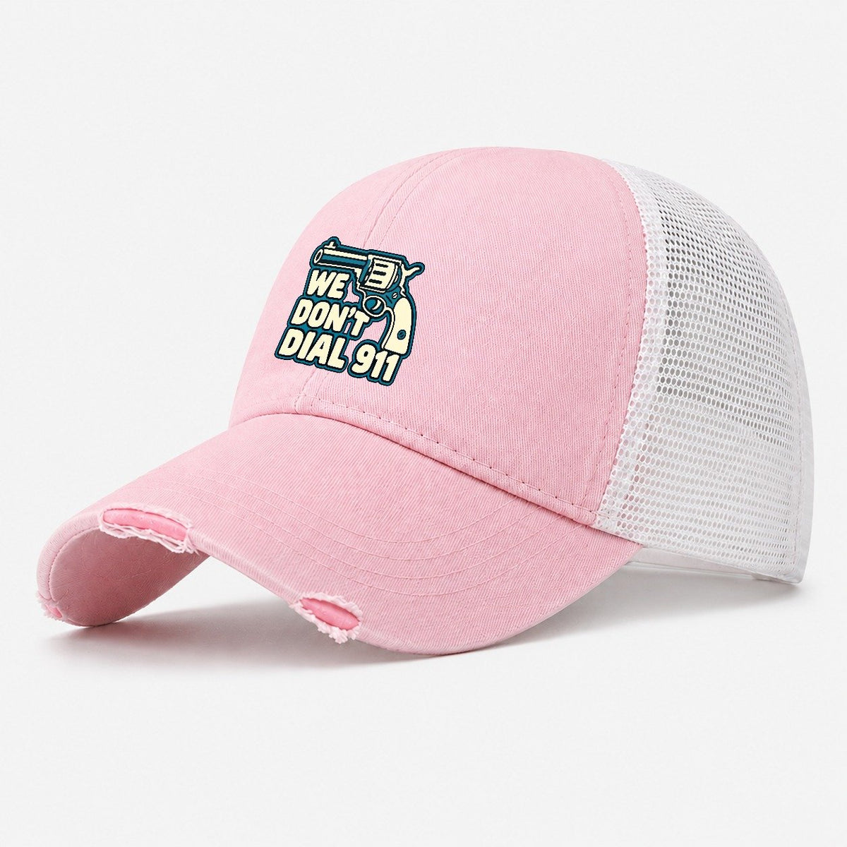 Continuous Line Mark We Don't Dial 911 Washed Trucker Hat – Light Pink
