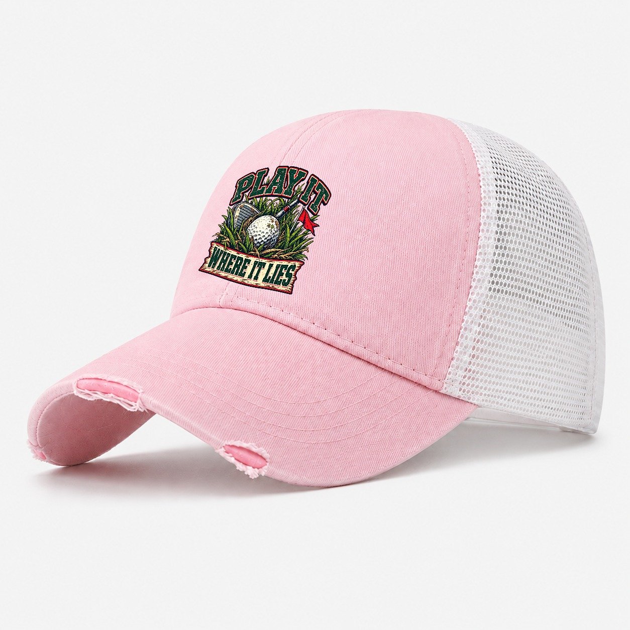 Play It Where It Lies Golf Life Washed Trucker Hat – Light Pink