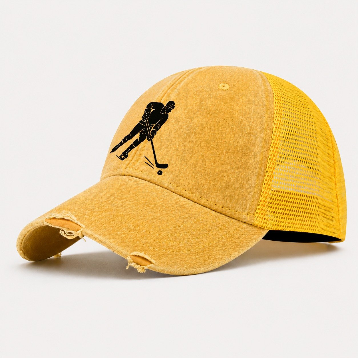 Ice Hockey Player Shooting Puck Washed Trucker Hat – Yellow