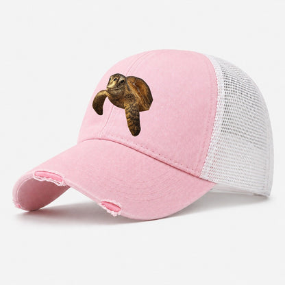 Sea Turtle Portrait Design Washed Trucker Hat – Light Pink