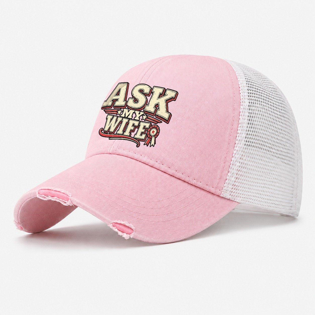 Ask My Wife American Wit Washed Trucker Hat – Light Pink
